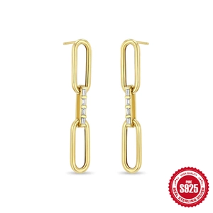 Elegant S925 sterling silver drop earrings in gold with sparkling rectangle zircon stones