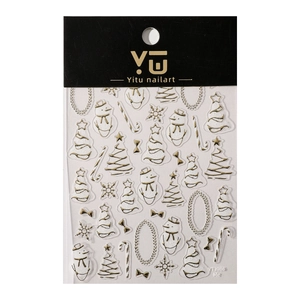 Christmas nail art stickers with gold embossed snowmen, trees, and bows on black card