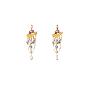 Vintage gold court style earrings with purple gemstones, pearls, and crystal tassels