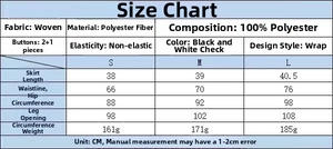 Guide des tailles pour mini-jupe pied-de-poule avec détails du tissu et mensurations