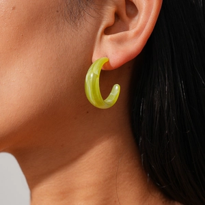 Lime green marble resin C-shape hoop earrings for women with a stylish acrylic texture