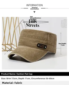 Detail view of khaki military flat top cap showing size measurements and classic badge