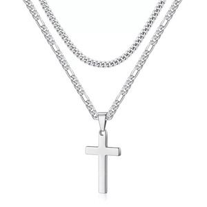Collier double épaisseur en acier inoxydable avec chaînes Cuban, Figaro et pendentif croix