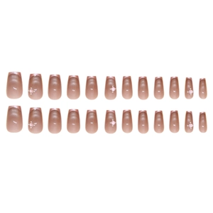 Cat eye press-on nails with light brown gradient, rhinestones and elegant square-oval shape