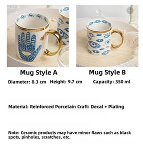 Detailed comparison of ceramic eye motif mugs with gold electroplated rims and handles