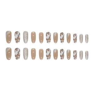 Retro oval tawny fake nails set with silver glitter and autumn flower floral patterns