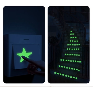 Luminous star stickers glowing on light switch and stairs for night safety and decor