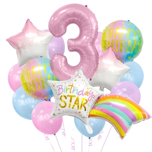 3rd birthday balloon kit with pink number 3 and rainbow meteor decorations