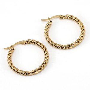 Polished golden twisted rope hoop earrings made of stainless steel with leverback closure