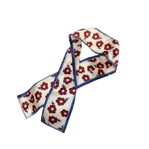 Floral satin twilly ribbon with red flowers for hair and handbag decoration