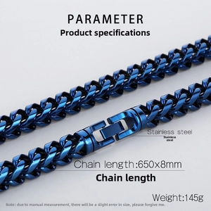 Détail de la chaîne dragon en acier inoxydable bleu 8mm avec étiquettes de taille