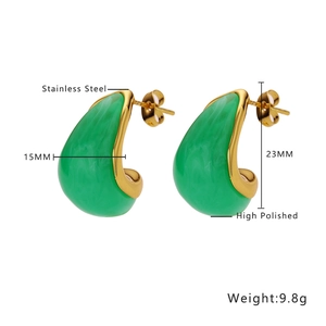 Green marble teardrop earrings in 18k gold plated stainless steel, 23mm height