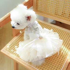 Elegant white lace pet wedding dress with pearl bow and tulle for small medium dogs