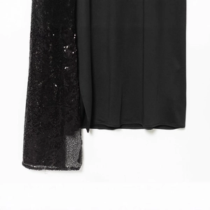 Chic black midi dress with sparkling sequin belt details and refined embroidery finish