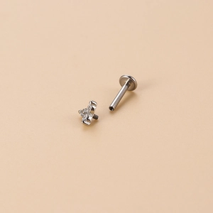 Silver stainless steel labret stud with crystal butterfly zirconia and internal threading