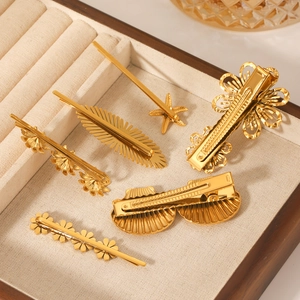 Lot de 6 barrettes en acier inoxydable plaqué or 18K avec motifs fleurs et étoile de mer
