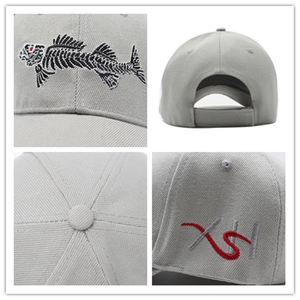 Light gray baseball cap with 3D fish bone embroidery and adjustable strap back