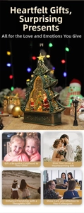 Close-up of vintage green Christmas tree music box with micro landscape and LED light effects