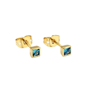 Minimalist gold square stud earrings with blue zircon crystals for women, elegant pair