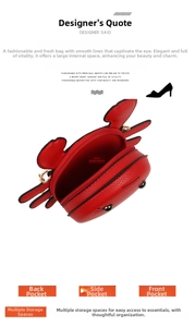 Macro detail of red crab coin purse showing multiple storage pockets and litchi texture