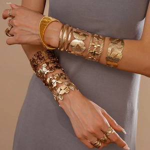 2-piece gold ginkgo leaf and floral geometric open cuffs with butterfly statement rings