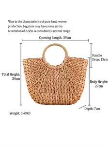 Large handmade corn husk woven tote bag with round handles and detailed size dimensions