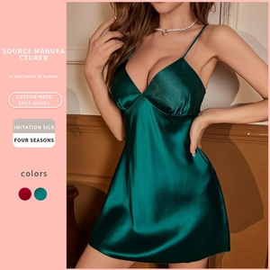 Satin Nightgown V-Neck Spaghetti Strap Sleepwear Mini Slip Dress Imitation Satin Comfortable Sleepwear For Women