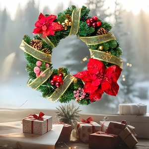 Christmas wreath window sticker with red flowers, pine cones and festive gift boxes