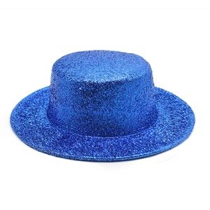 Close-up of deep blue sequins texture on a flat top party hat for stage performances