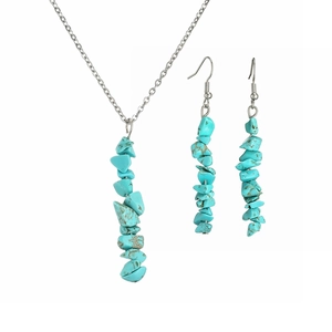 Detail showing natural turquoise stone chips necklace and matching earrings set