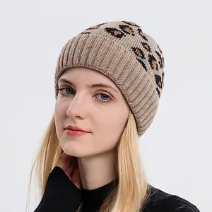 Women's leopard print knit beanie in beige with rib-knit brim for winter warmth