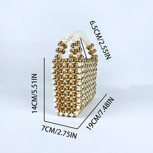 Detail view of handmade gold beaded handbag with pearls and dimensions marked