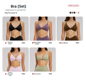 Detail view of thin strap yoga sets in five colors including black, pink and green
