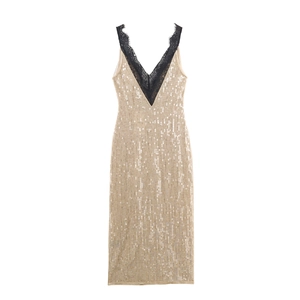 Golden sequin midi dress with V-neckline and black lace trim on white background