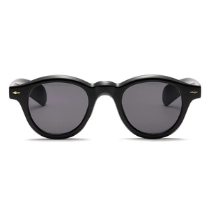 Vintage round black frame sunglasses with dark grey lenses and gold arrow pins