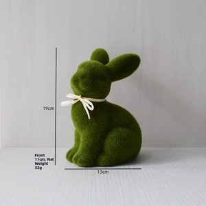 Detailed view of moss green flocked Easter rabbit with dimensions 19cm height and 13cm width