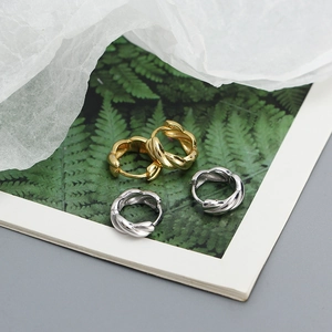 Detail of twisted rope hoop earrings in gold and silver finish on a fern pattern card