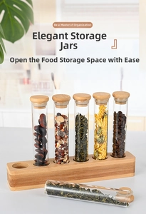 Detailed view of six glass storage tubes with wooden stoppers on a natural wood base