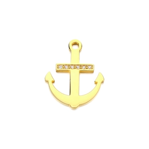 Golden stainless steel anchor pendant with five sparkling inlaid crystals on a white background
