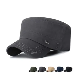Men Cotton Cadet Cap Flat Top Hat Military Style Adjustable Sun Protection Outdoor Sports Casual Fashion Metal Tag