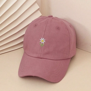 Pink daisy embroidery cotton baseball cap for summer sun protection and outdoor travel