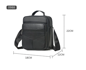 Detailed view of black leather cross-body bag with dimensions 18x22x12cm and multiple pockets