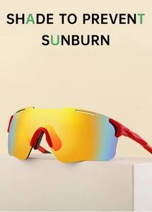 Detail view of red frame sports sunglasses with orange-yellow gradient polarized lenses