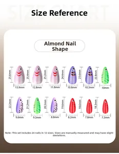 Size guide for almond press-on nails showing 24 pieces in 12 various dimensions