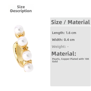 Detailed size parameters for 18k gold plated C-shaped pearl ear cuffs for women
