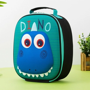 Detailed side view of 3D dinosaur cartoon lunch bag with blue EVA material and handle