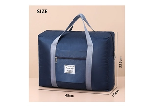 Detail of navy blue quilted travel bag showing grey handles and travel label features