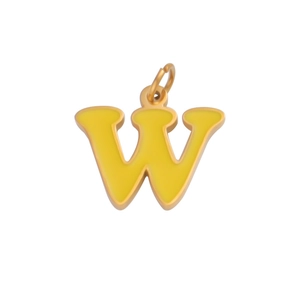 Detail of yellow enamel letter W pendant with golden frame and hanging loop