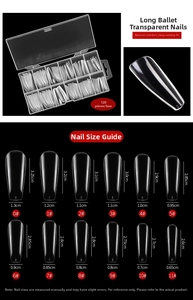 Size chart showing long ballet clear full cover nail tips with length and width dimensions
