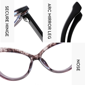 Detail of secure metal hinges and marble texture frame on elegant cat-eye glasses